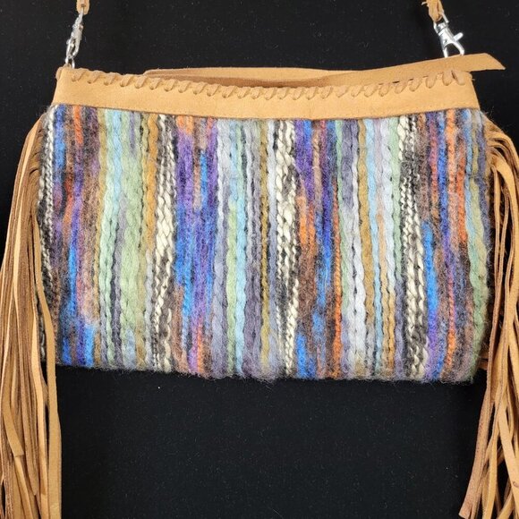 2 Chic Luxe Boho Fringe Crossbody Bag Wool Blend Suede Trim 11"x8" - Picture 3 of 12